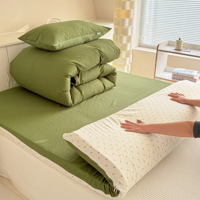 91家纺网 家纺一手货源 找家纺 眠博士 2025新款全棉纯棉华夫格床垫套四件套 华夫格床垫套 套件 松石绿