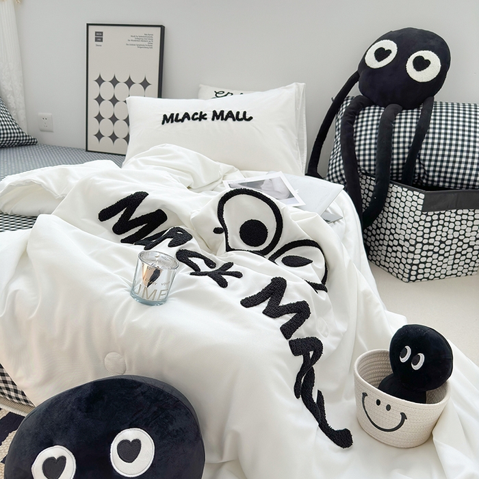 91家纺网 家纺一手货源 找家纺 曼谷家纺 2025新款水洗棉超软毛巾绣夏被直播热款 煤球-小黑