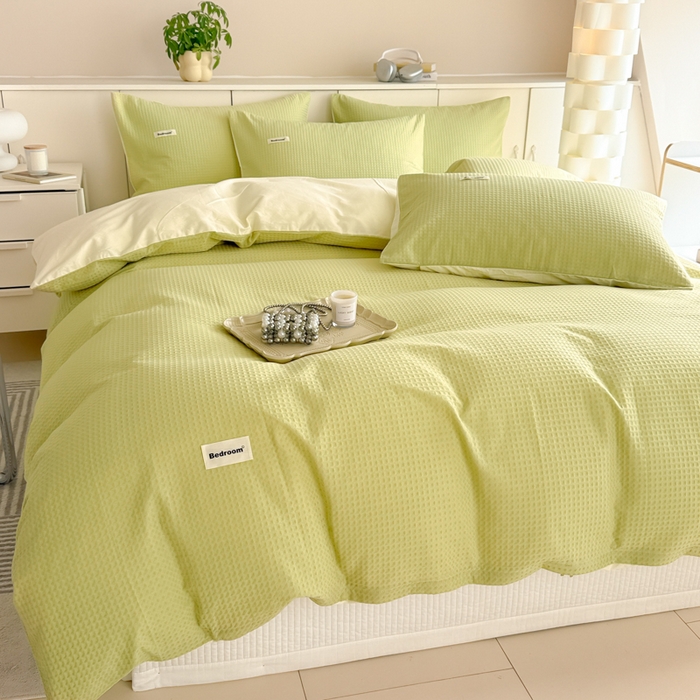 91家纺网 家纺一手货源 找家纺 眠博士 2025新款全棉纯棉华夫格床垫套四件套 华夫格床垫套 套件 果绿