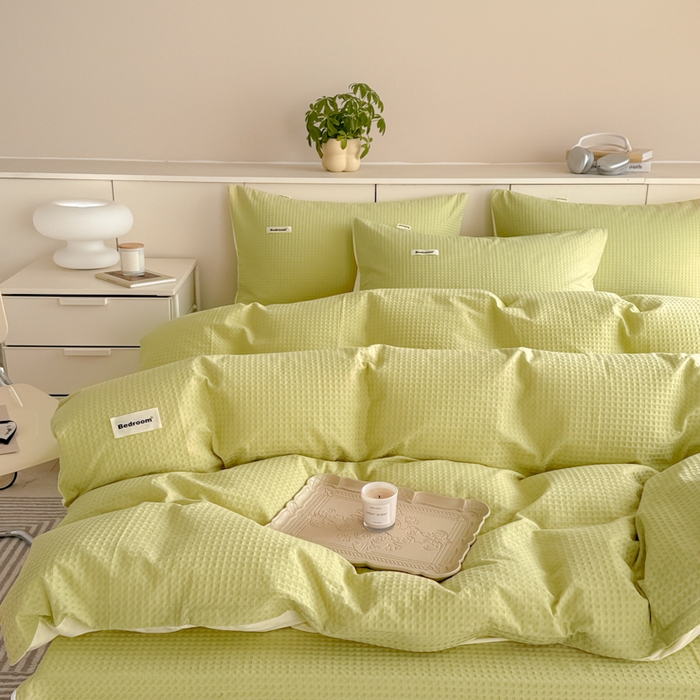 91家纺网 家纺一手货源 找家纺 眠博士 2025新款全棉纯棉华夫格床垫套四件套 华夫格床垫套 套件 果绿