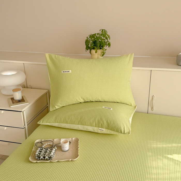 91家纺网 家纺一手货源 找家纺 眠博士 2025新款全棉纯棉华夫格床垫套四件套 华夫格床垫套 套件 果绿