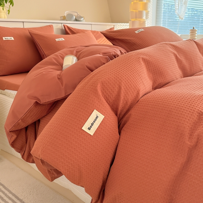 91家纺网 家纺一手货源 找家纺 眠博士 2025新款全棉纯棉华夫格床垫套四件套 华夫格床垫套 套件 焦糖