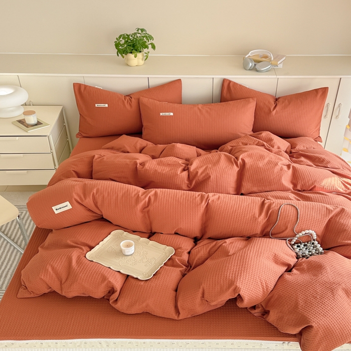 91家纺网 家纺一手货源 找家纺 眠博士 2025新款全棉纯棉华夫格床垫套四件套 华夫格床垫套 套件 焦糖