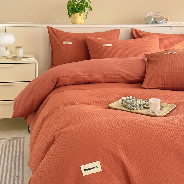 91家纺网 家纺一手货源 找家纺 眠博士 2025新款全棉纯棉华夫格床垫套四件套 华夫格床垫套 套件 焦糖