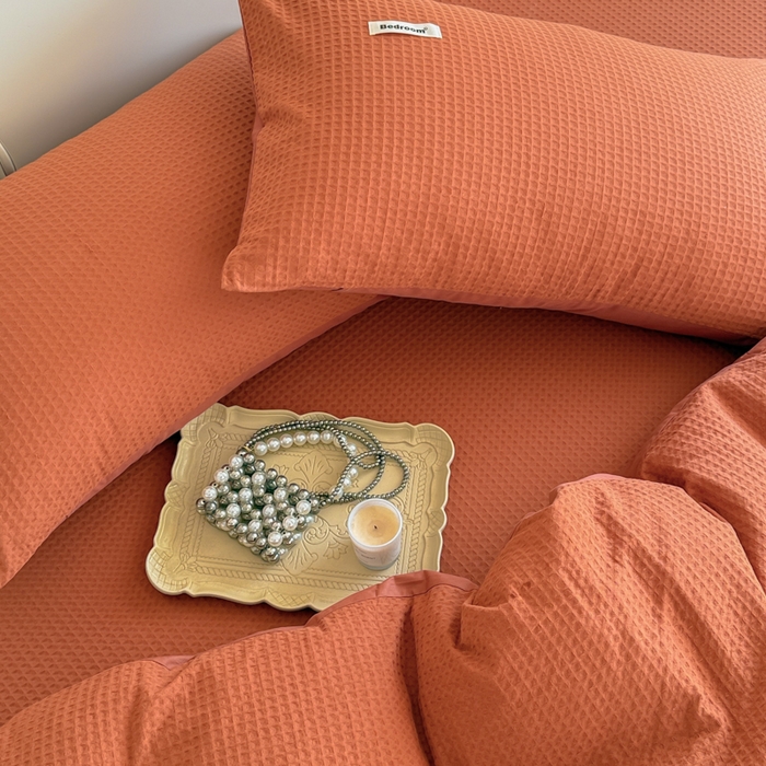 91家纺网 家纺一手货源 找家纺 眠博士 2025新款全棉纯棉华夫格床垫套四件套 华夫格床垫套 套件 焦糖