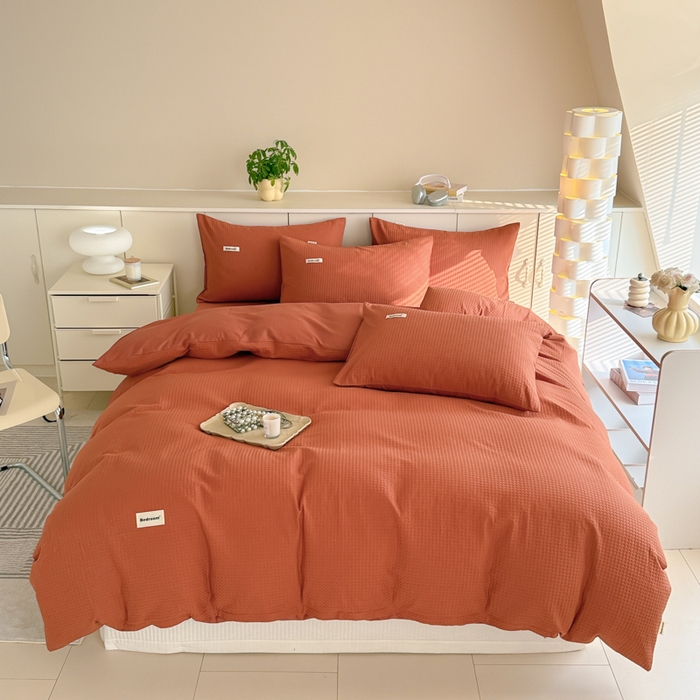 91家纺网 家纺一手货源 找家纺 眠博士 2025新款全棉纯棉华夫格床垫套四件套 华夫格床垫套 套件 焦糖