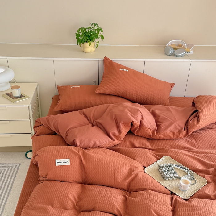 91家纺网 家纺一手货源 找家纺 眠博士 2025新款全棉纯棉华夫格床垫套四件套 华夫格床垫套 套件 焦糖