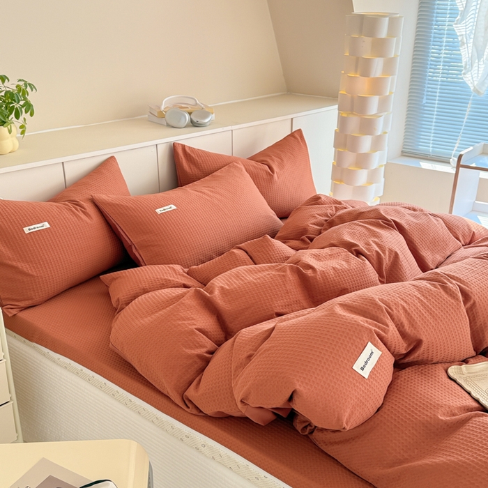 91家纺网 家纺一手货源 找家纺 眠博士 2025新款全棉纯棉华夫格床垫套四件套 华夫格床垫套 套件 焦糖