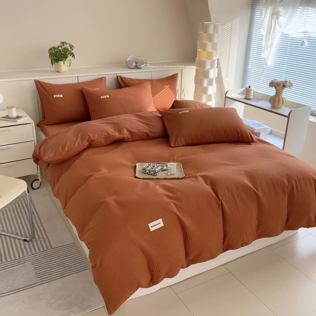 91家纺网 家纺一手货源 找家纺 眠博士 2025新款全棉纯棉华夫格床垫套四件套 华夫格床垫套 套件 焦糖
