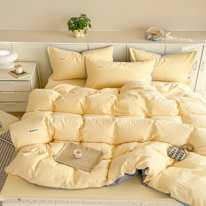 91家纺网 家纺一手货源 找家纺 眠博士 2025新款全棉纯棉华夫格床垫套四件套 华夫格床垫套 套件 奶黄色