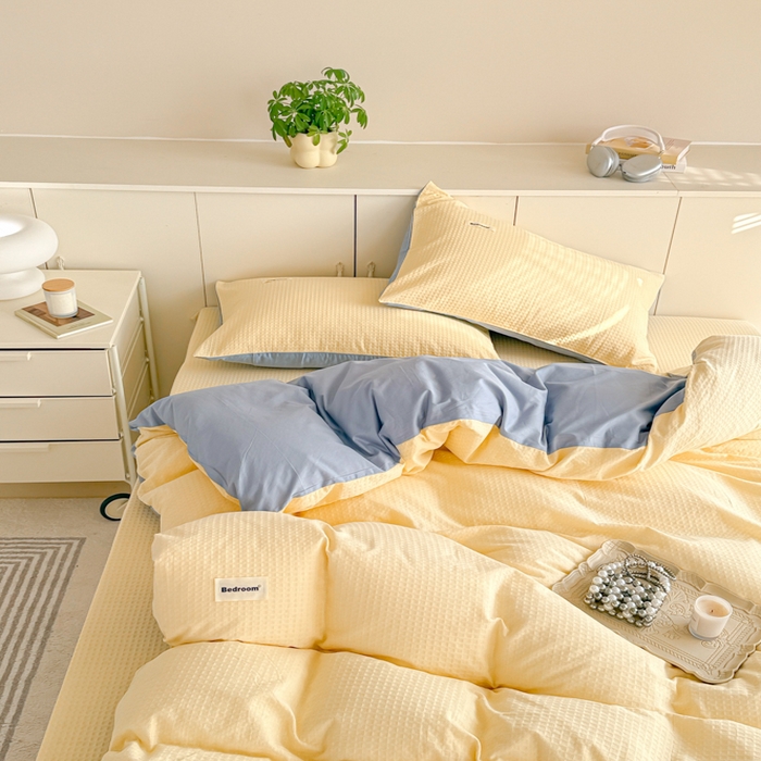 91家纺网 家纺一手货源 找家纺 眠博士 2025新款全棉纯棉华夫格床垫套四件套 华夫格床垫套 套件 奶黄色