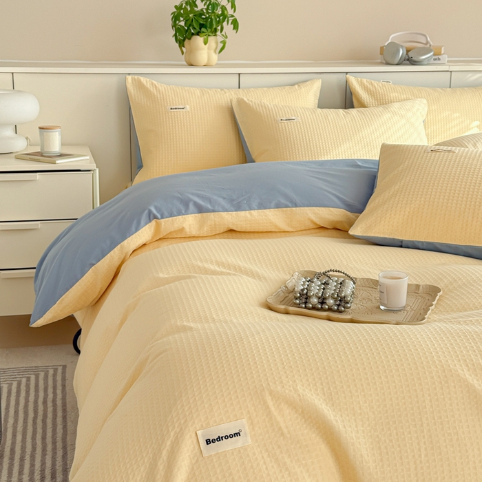 91家纺网 家纺一手货源 找家纺 眠博士 2025新款全棉纯棉华夫格床垫套四件套 华夫格床垫套 套件 奶黄色