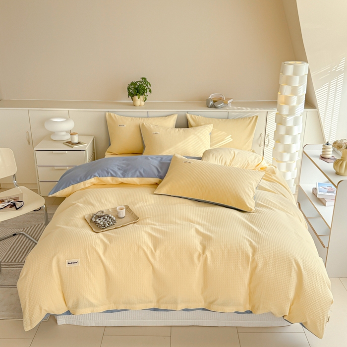 91家纺网 家纺一手货源 找家纺 眠博士 2025新款全棉纯棉华夫格床垫套四件套 华夫格床垫套 套件 奶黄色