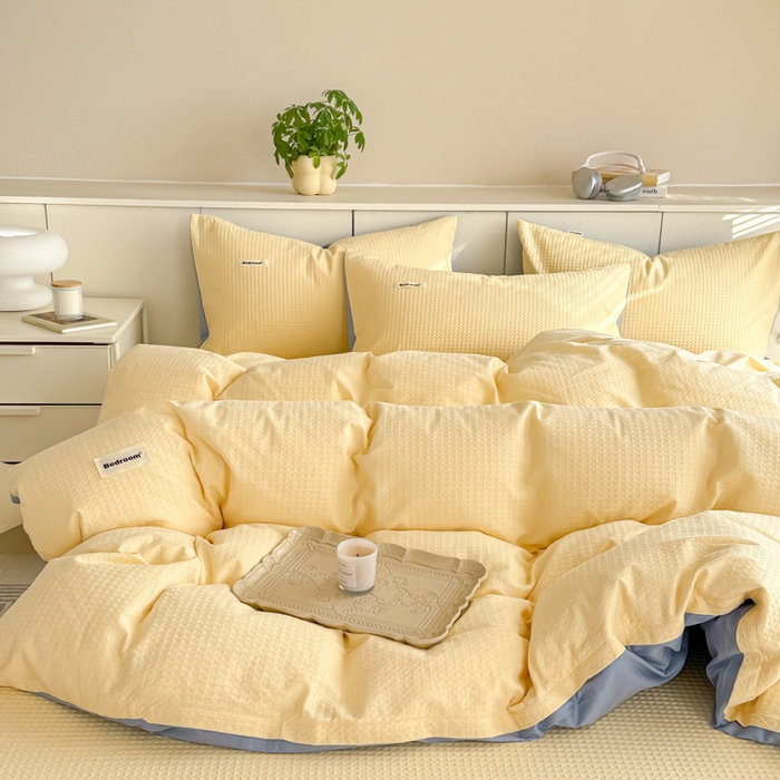 91家纺网 家纺一手货源 找家纺 眠博士 2025新款全棉纯棉华夫格床垫套四件套 华夫格床垫套 套件 奶黄色