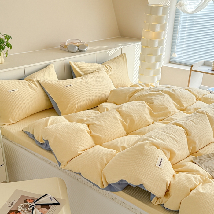 91家纺网 家纺一手货源 找家纺 眠博士 2025新款全棉纯棉华夫格床垫套四件套 华夫格床垫套 套件 奶黄色