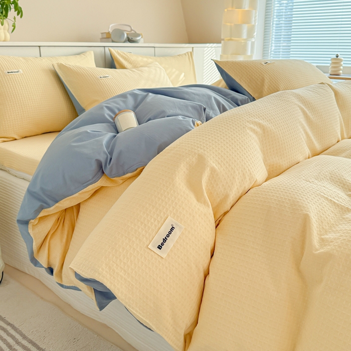 91家纺网 家纺一手货源 找家纺 眠博士 2025新款全棉纯棉华夫格床垫套四件套 华夫格床垫套 套件 奶黄色