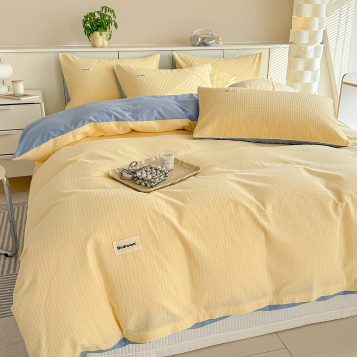 91家纺网 家纺一手货源 找家纺 眠博士 2025新款全棉纯棉华夫格床垫套四件套 华夫格床垫套 套件 奶黄色