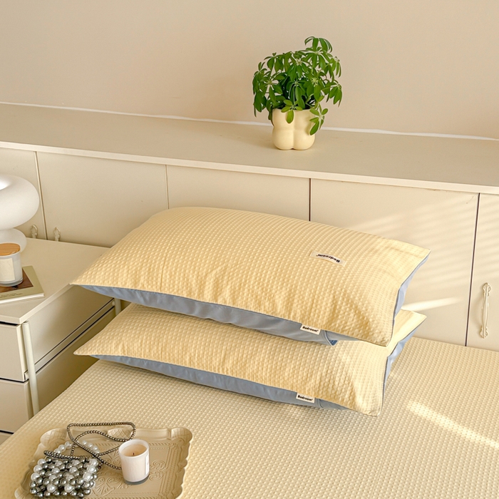 91家纺网 家纺一手货源 找家纺 眠博士 2025新款全棉纯棉华夫格床垫套四件套 华夫格床垫套 套件 奶黄色