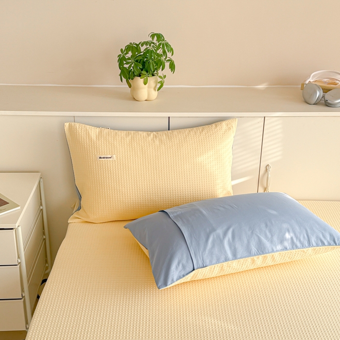 91家纺网 家纺一手货源 找家纺 眠博士 2025新款全棉纯棉华夫格床垫套四件套 华夫格床垫套 套件 奶黄色