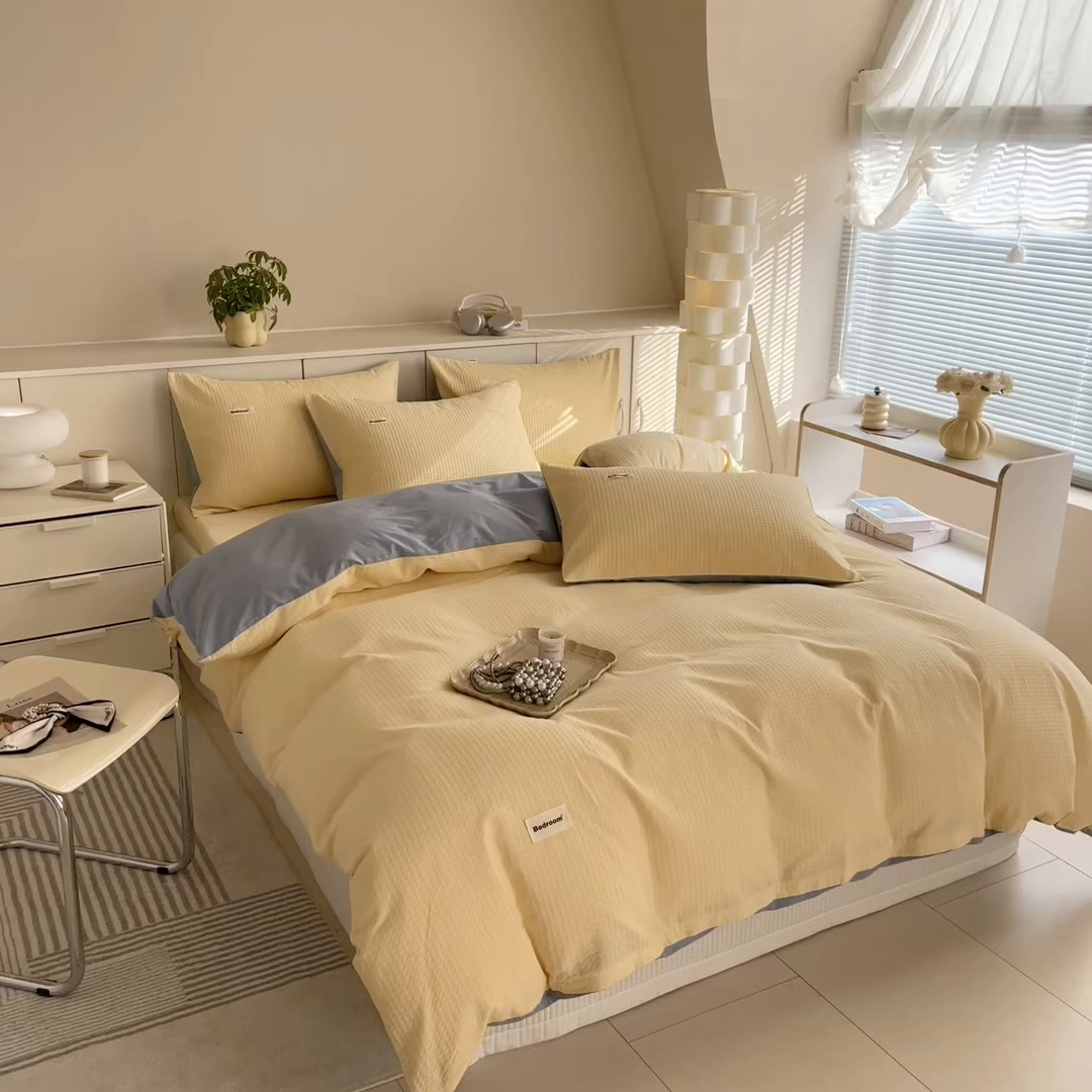 91家纺网 家纺一手货源 找家纺 眠博士 2025新款全棉纯棉华夫格床垫套四件套 华夫格床垫套 套件 奶黄色