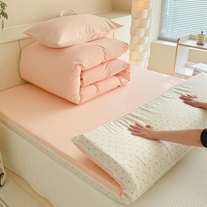 眠博士 2025新款全棉纯棉华夫格床垫套四件套 华夫格床垫套 套件 嫩玉粉