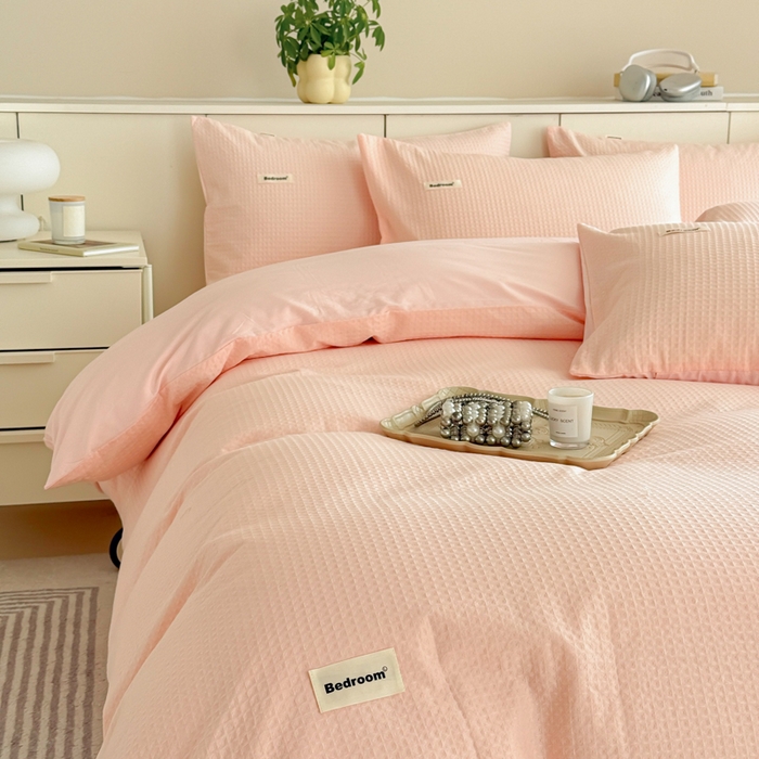 91家纺网 家纺一手货源 找家纺 眠博士 2025新款全棉纯棉华夫格床垫套四件套 华夫格床垫套 套件 嫩玉粉