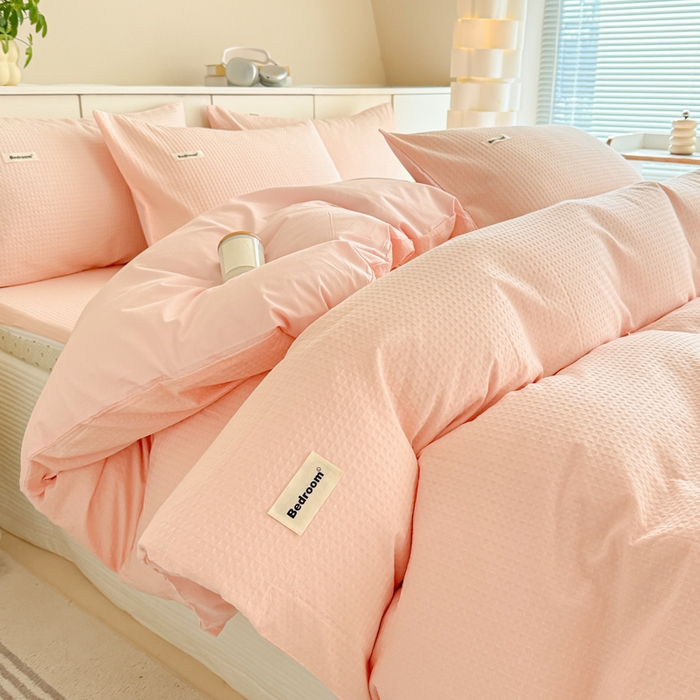 91家纺网 家纺一手货源 找家纺 眠博士 2025新款全棉纯棉华夫格床垫套四件套 华夫格床垫套 套件 嫩玉粉