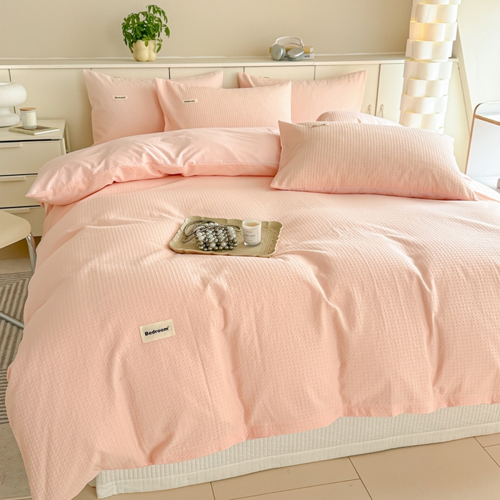 91家纺网 家纺一手货源 找家纺 眠博士 2025新款全棉纯棉华夫格床垫套四件套 华夫格床垫套 套件 嫩玉粉