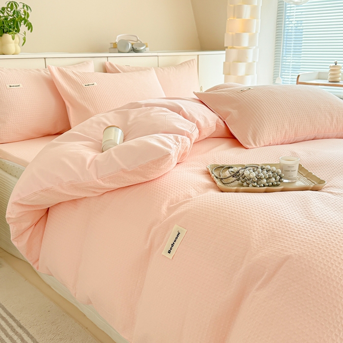 91家纺网 家纺一手货源 找家纺 眠博士 2025新款全棉纯棉华夫格床垫套四件套 华夫格床垫套 套件 嫩玉粉