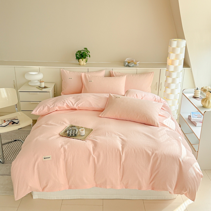 91家纺网 家纺一手货源 找家纺 眠博士 2025新款全棉纯棉华夫格床垫套四件套 华夫格床垫套 套件 嫩玉粉