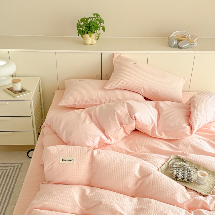 91家纺网 家纺一手货源 找家纺 眠博士 2025新款全棉纯棉华夫格床垫套四件套 华夫格床垫套 套件 嫩玉粉