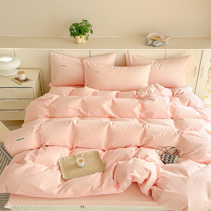 91家纺网 家纺一手货源 找家纺 眠博士 2025新款全棉纯棉华夫格床垫套四件套 华夫格床垫套 套件 嫩玉粉