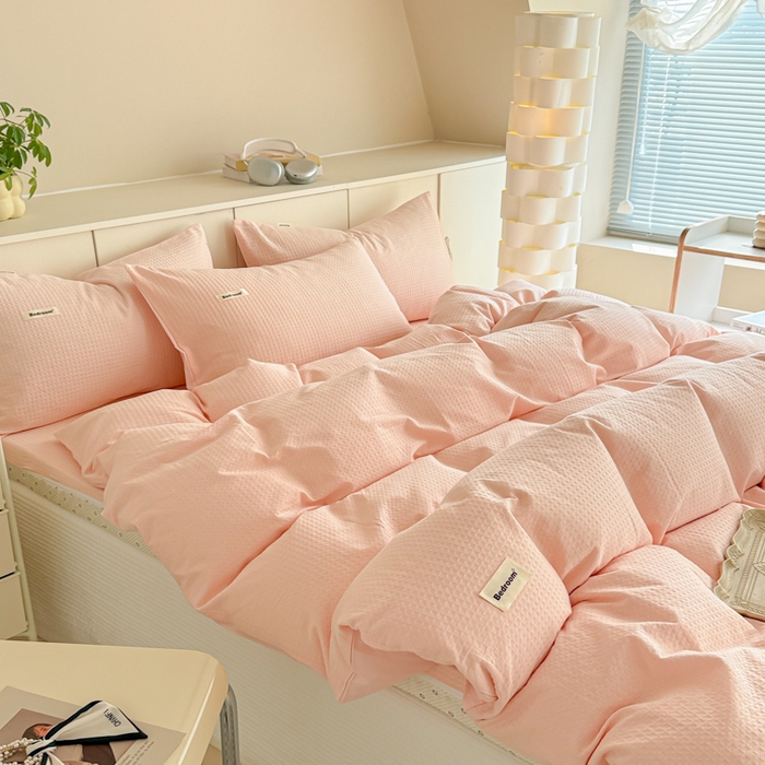 91家纺网 家纺一手货源 找家纺 眠博士 2025新款全棉纯棉华夫格床垫套四件套 华夫格床垫套 套件 嫩玉粉