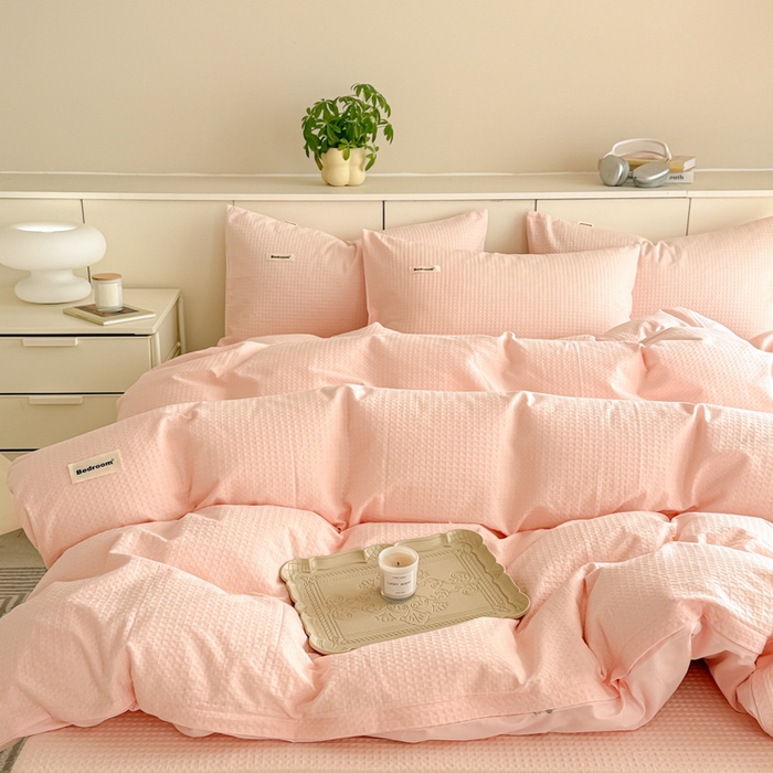 91家纺网 家纺一手货源 找家纺 眠博士 2025新款全棉纯棉华夫格床垫套四件套 华夫格床垫套 套件 嫩玉粉