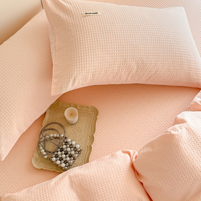 91家纺网 家纺一手货源 找家纺 眠博士 2025新款全棉纯棉华夫格床垫套四件套 华夫格床垫套 套件 嫩玉粉