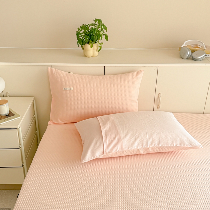 91家纺网 家纺一手货源 找家纺 眠博士 2025新款全棉纯棉华夫格床垫套四件套 华夫格床垫套 套件 嫩玉粉