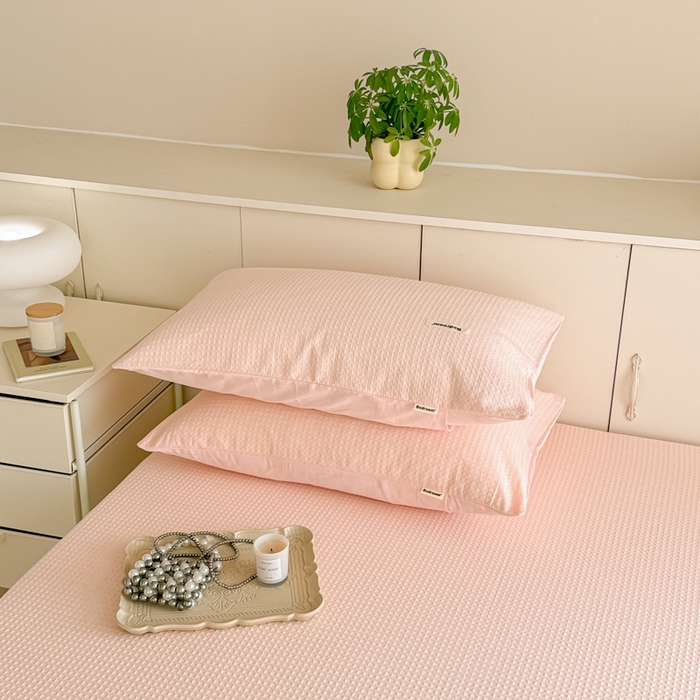 91家纺网 家纺一手货源 找家纺 眠博士 2025新款全棉纯棉华夫格床垫套四件套 华夫格床垫套 套件 嫩玉粉