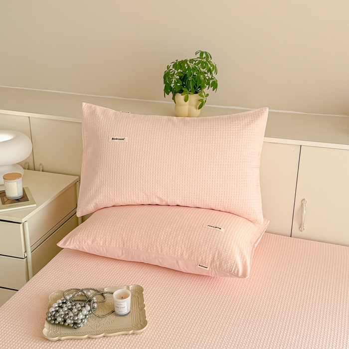 91家纺网 家纺一手货源 找家纺 眠博士 2025新款全棉纯棉华夫格床垫套四件套 华夫格床垫套 套件 嫩玉粉