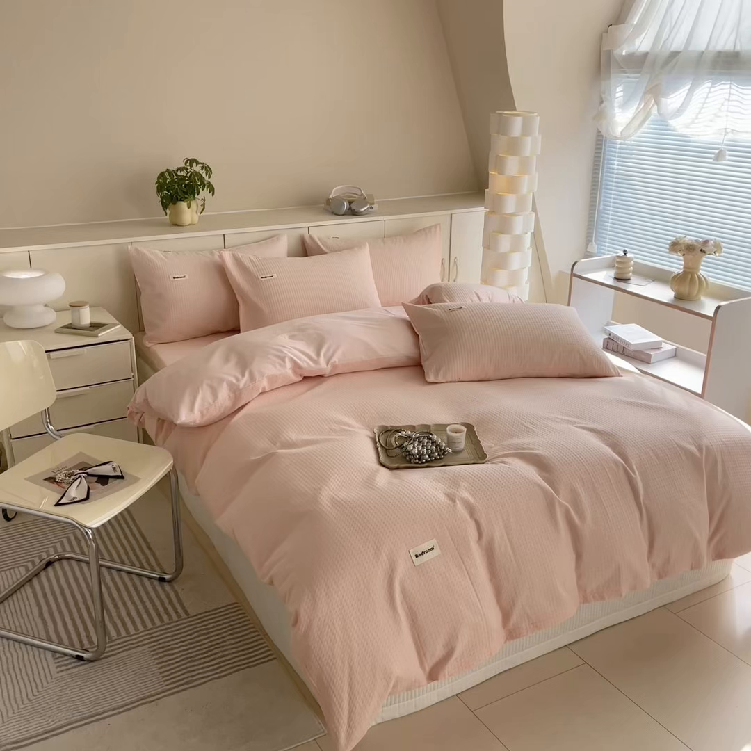 91家纺网 家纺一手货源 找家纺 眠博士 2025新款全棉纯棉华夫格床垫套四件套 华夫格床垫套 套件 嫩玉粉