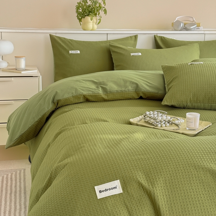 91家纺网 家纺一手货源 找家纺 眠博士 2025新款全棉纯棉华夫格床垫套四件套 华夫格床垫套 套件 松石绿