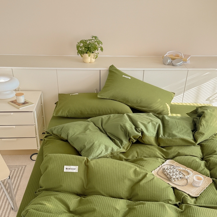 91家纺网 家纺一手货源 找家纺 眠博士 2025新款全棉纯棉华夫格床垫套四件套 华夫格床垫套 套件 松石绿