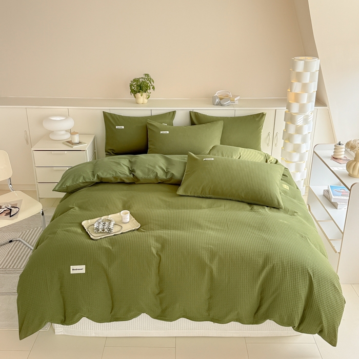 91家纺网 家纺一手货源 找家纺 眠博士 2025新款全棉纯棉华夫格床垫套四件套 华夫格床垫套 套件 松石绿