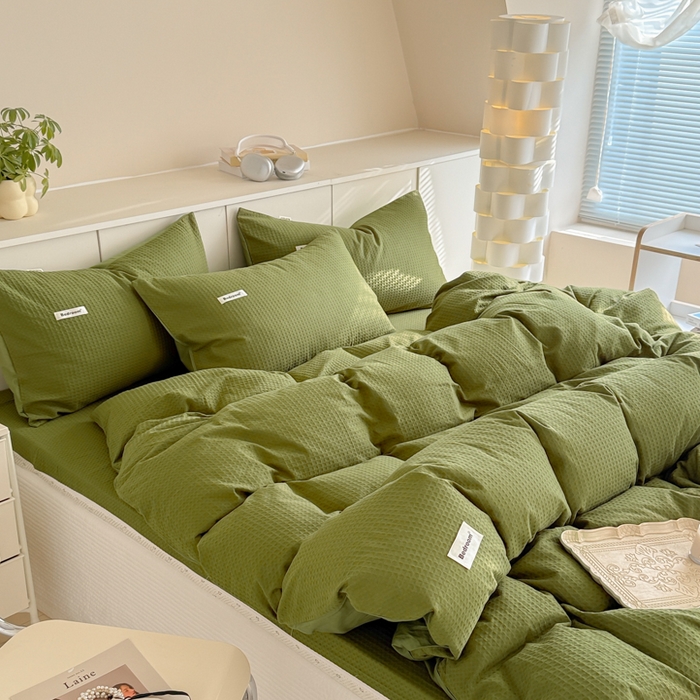 91家纺网 家纺一手货源 找家纺 眠博士 2025新款全棉纯棉华夫格床垫套四件套 华夫格床垫套 套件 松石绿