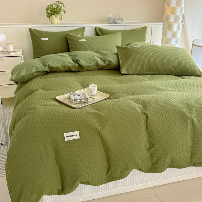 91家纺网 家纺一手货源 找家纺 眠博士 2025新款全棉纯棉华夫格床垫套四件套 华夫格床垫套 套件 松石绿