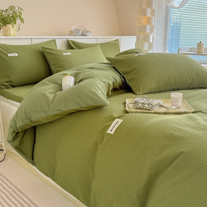 91家纺网 家纺一手货源 找家纺 眠博士 2025新款全棉纯棉华夫格床垫套四件套 华夫格床垫套 套件 松石绿