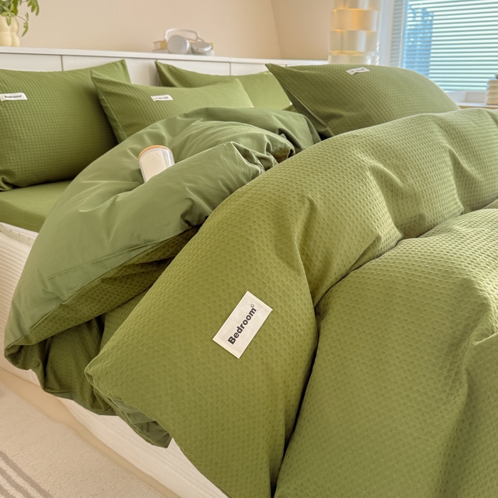 91家纺网 家纺一手货源 找家纺 眠博士 2025新款全棉纯棉华夫格床垫套四件套 华夫格床垫套 套件 松石绿