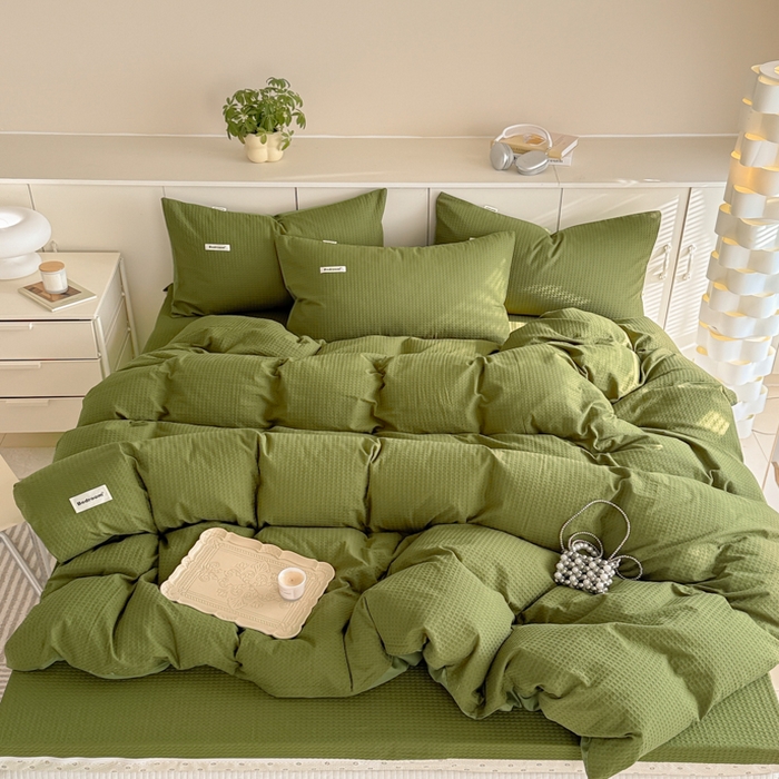 91家纺网 家纺一手货源 找家纺 眠博士 2025新款全棉纯棉华夫格床垫套四件套 华夫格床垫套 套件 松石绿