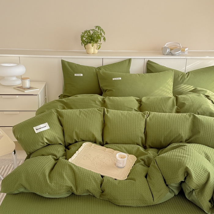 91家纺网 家纺一手货源 找家纺 眠博士 2025新款全棉纯棉华夫格床垫套四件套 华夫格床垫套 套件 松石绿