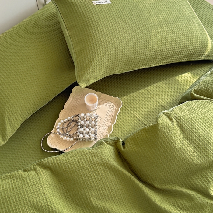 91家纺网 家纺一手货源 找家纺 眠博士 2025新款全棉纯棉华夫格床垫套四件套 华夫格床垫套 套件 松石绿