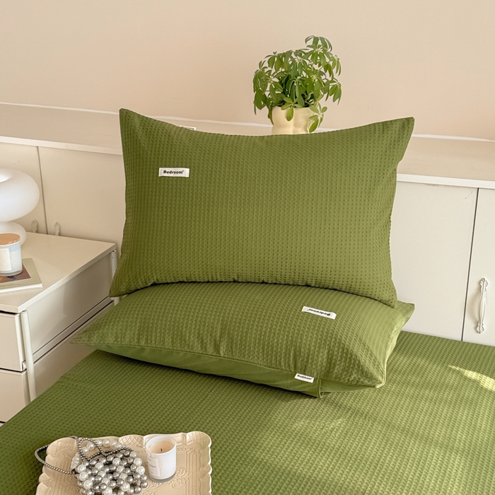 91家纺网 家纺一手货源 找家纺 眠博士 2025新款全棉纯棉华夫格床垫套四件套 华夫格床垫套 套件 松石绿